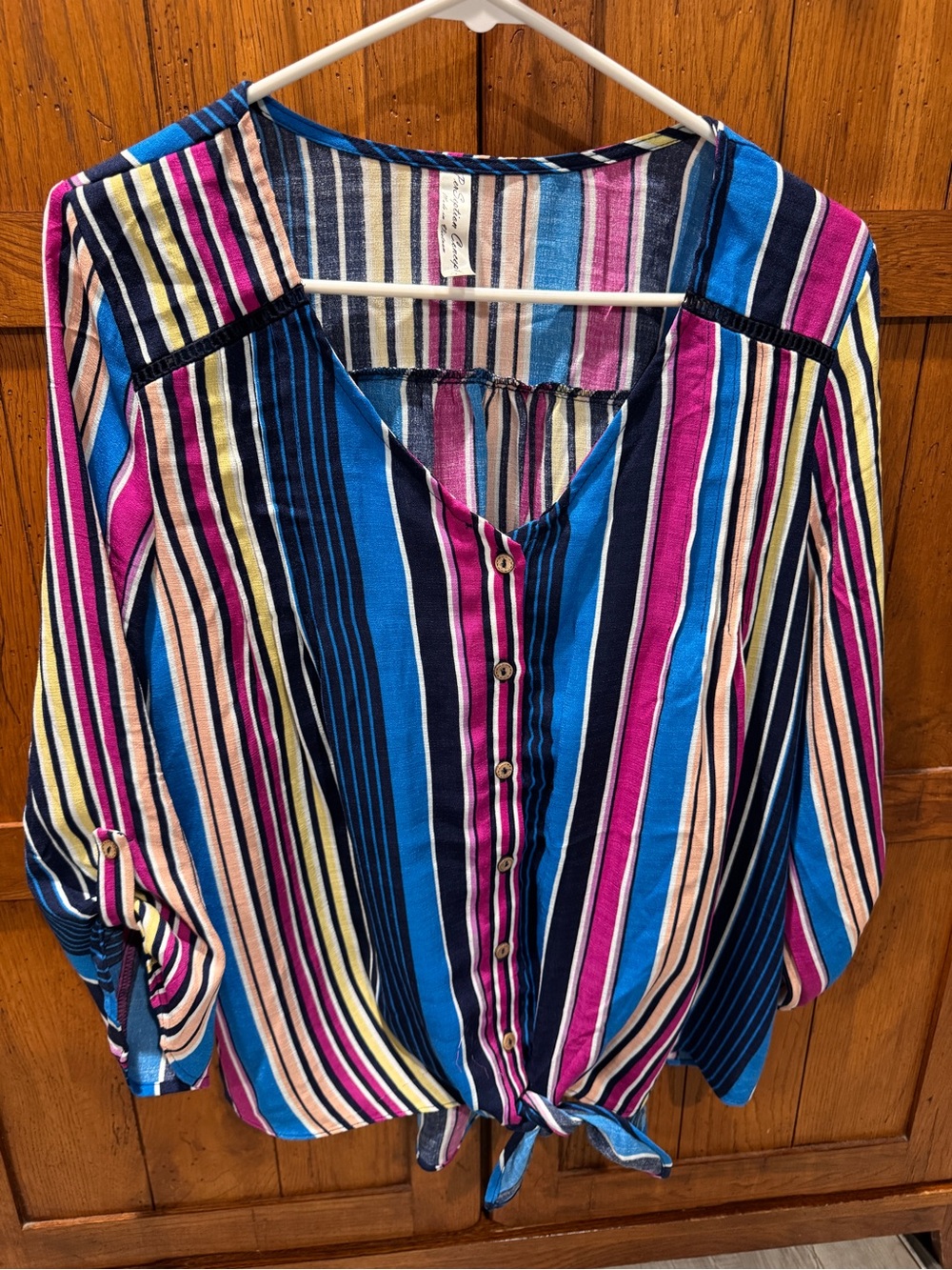 PerSeption Concept Multi-Stripe Button Front Tie-Hem Blouse